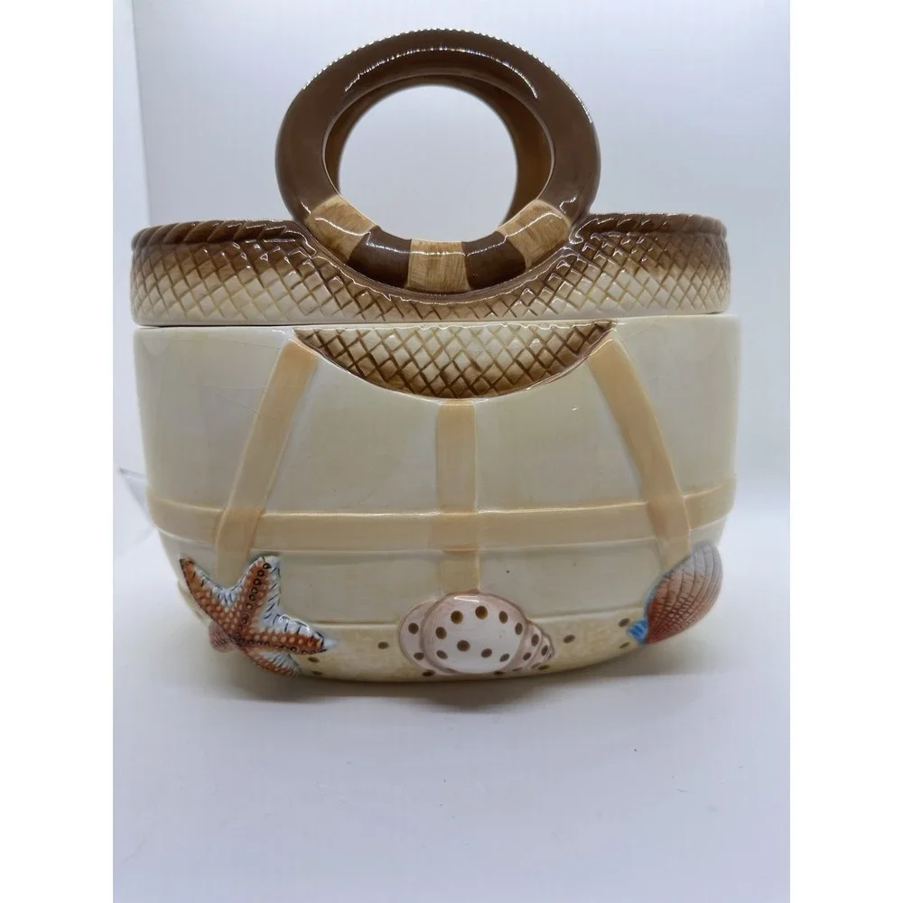 Vtg Ceramic Figural Beach Bag Shape Relief Shells 9.5‎ in Nautical Cookie Jar
